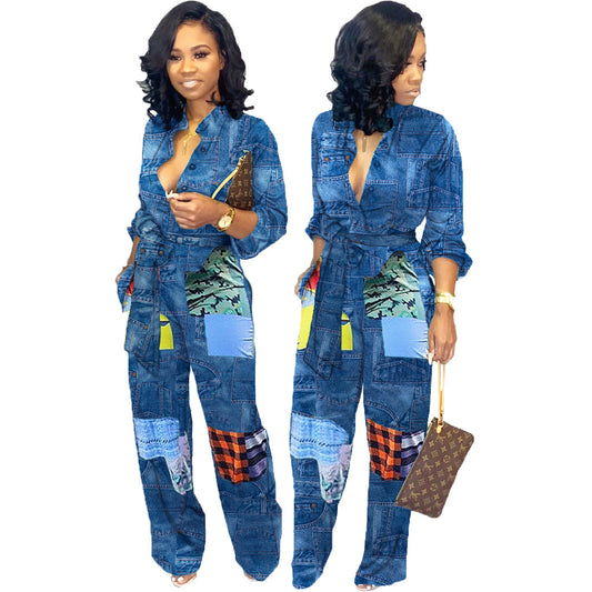 Stylish American Fashion Patch Denim Jumpsuit