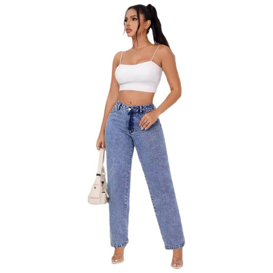 Retro Fashion High Waist Denim Straight Jeans