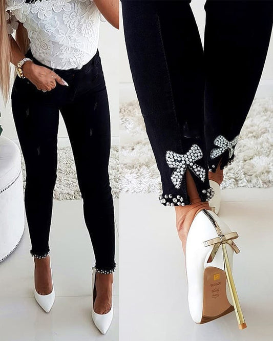 Slim Fitted Butterfly Sticky Flower Beaded Split Jeans