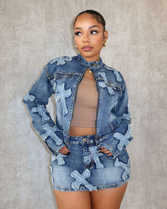 Embroidered Denim Short Skirt  and Jacket Set