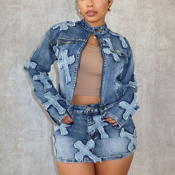 Embroidered Denim Short Skirt  and Jacket Set