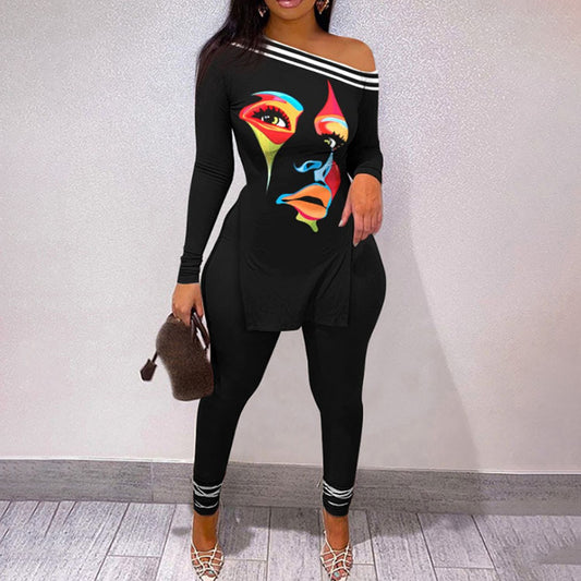 Off The Shoulder's  Slit Hem Long Sleeve Top Two Piece Set