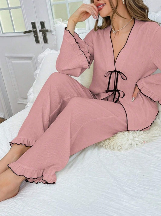 V-neck Lace-up Close-edge Long-sleeved Pants set