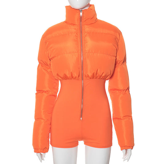 Cotton-padded Jacket Jumpsuit with Zip up Shorts