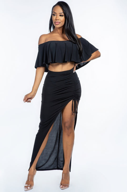 Off The Shoulder Ruffled Cropped Top And Ruched Skirt Two Piece Set