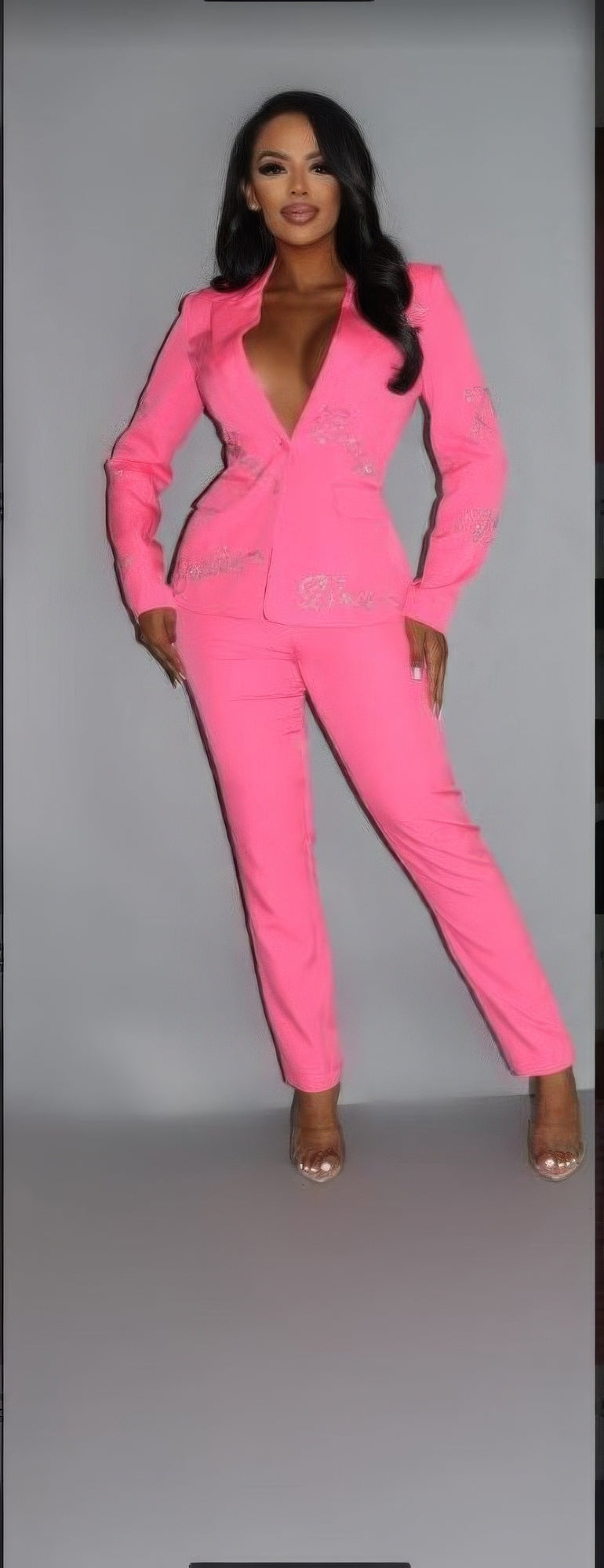 2 Piece Powersuit Blazer & Pants Set With Rhinestone Letterings On Blazer