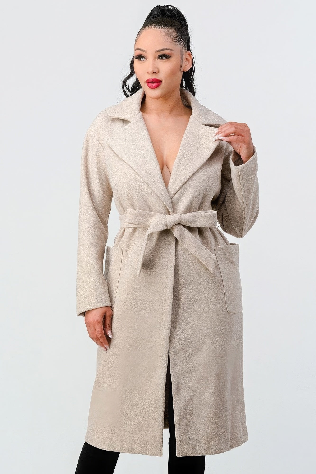 Luxe Wool Waist Tie, Side Pockets Midi Length Coat