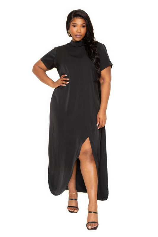 Black Mock neck back cape dress