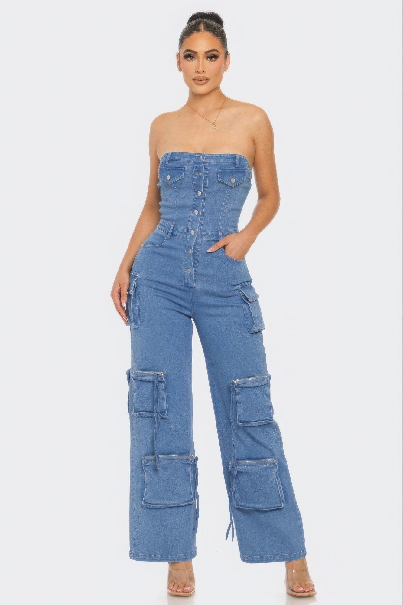 Cargo Style Stretch Denim Jumpsuit