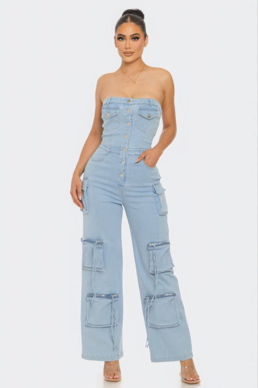 Cargo Style Stretch Denim Jumpsuit