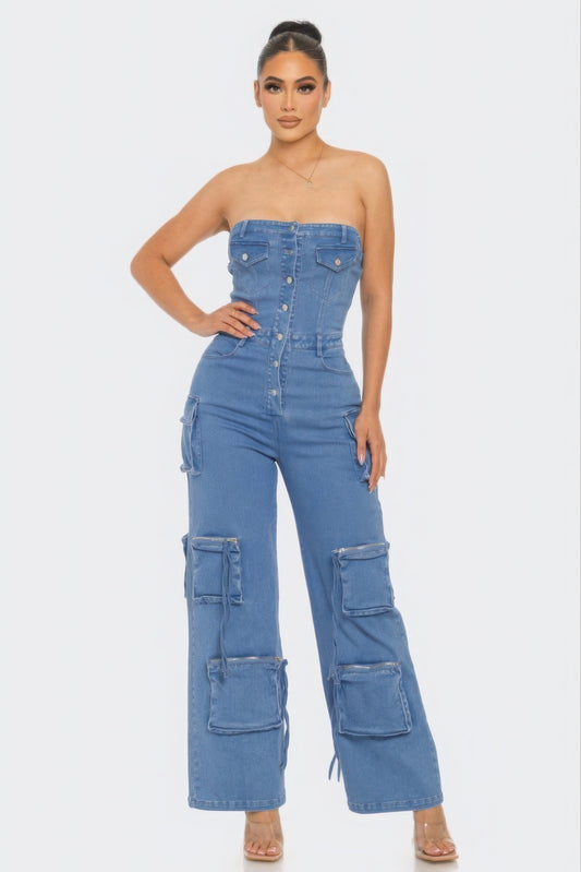 Cargo Style Stretch Denim Jumpsuit