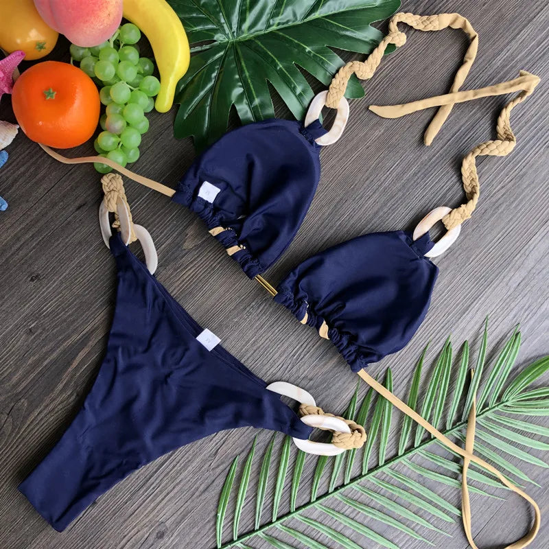 Sophisticated Black & Gold Bikini With Detailed Designs