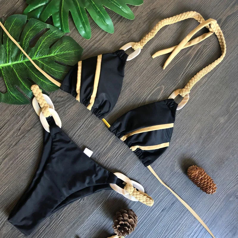 Sophisticated Black & Gold Bikini With Detailed Designs