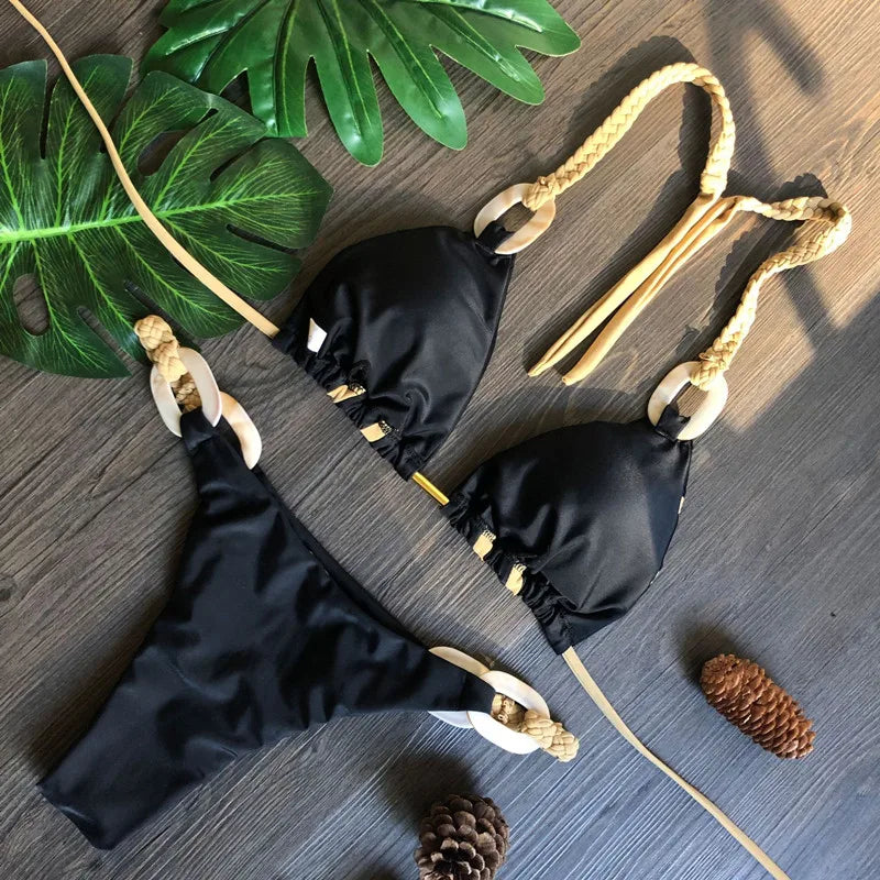 Sophisticated Black & Gold Bikini With Detailed Designs