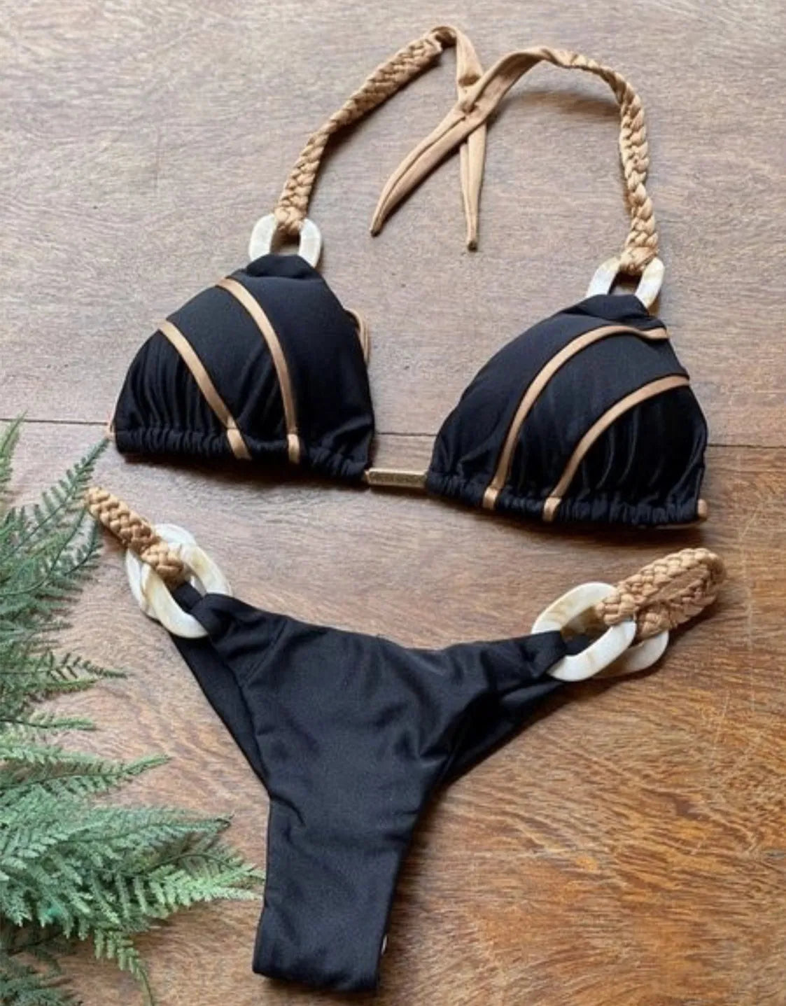 Sophisticated Black & Gold Bikini With Detailed Designs