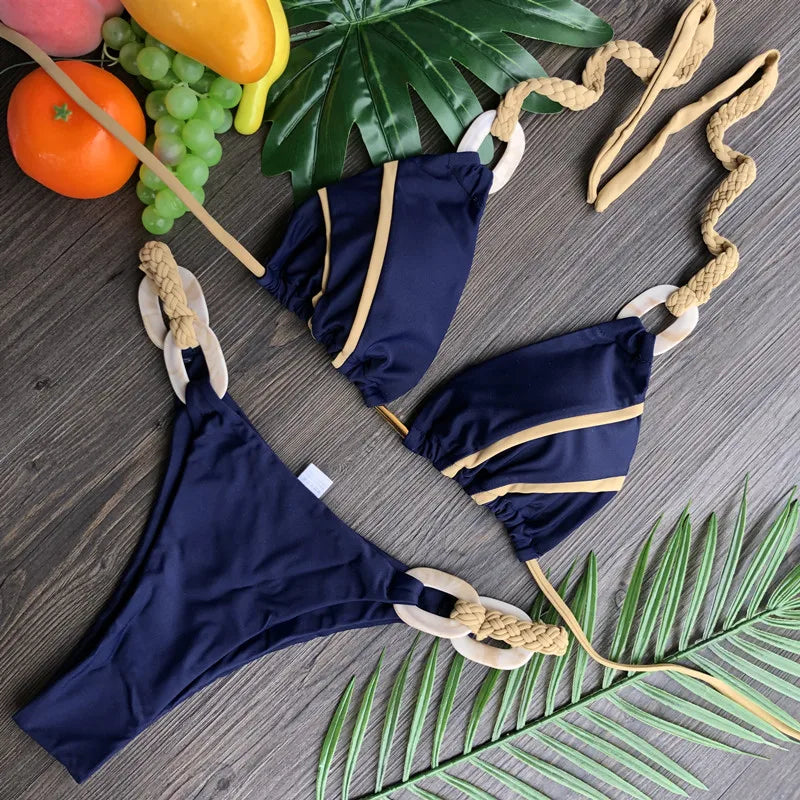 Sophisticated Black & Gold Bikini With Detailed Designs