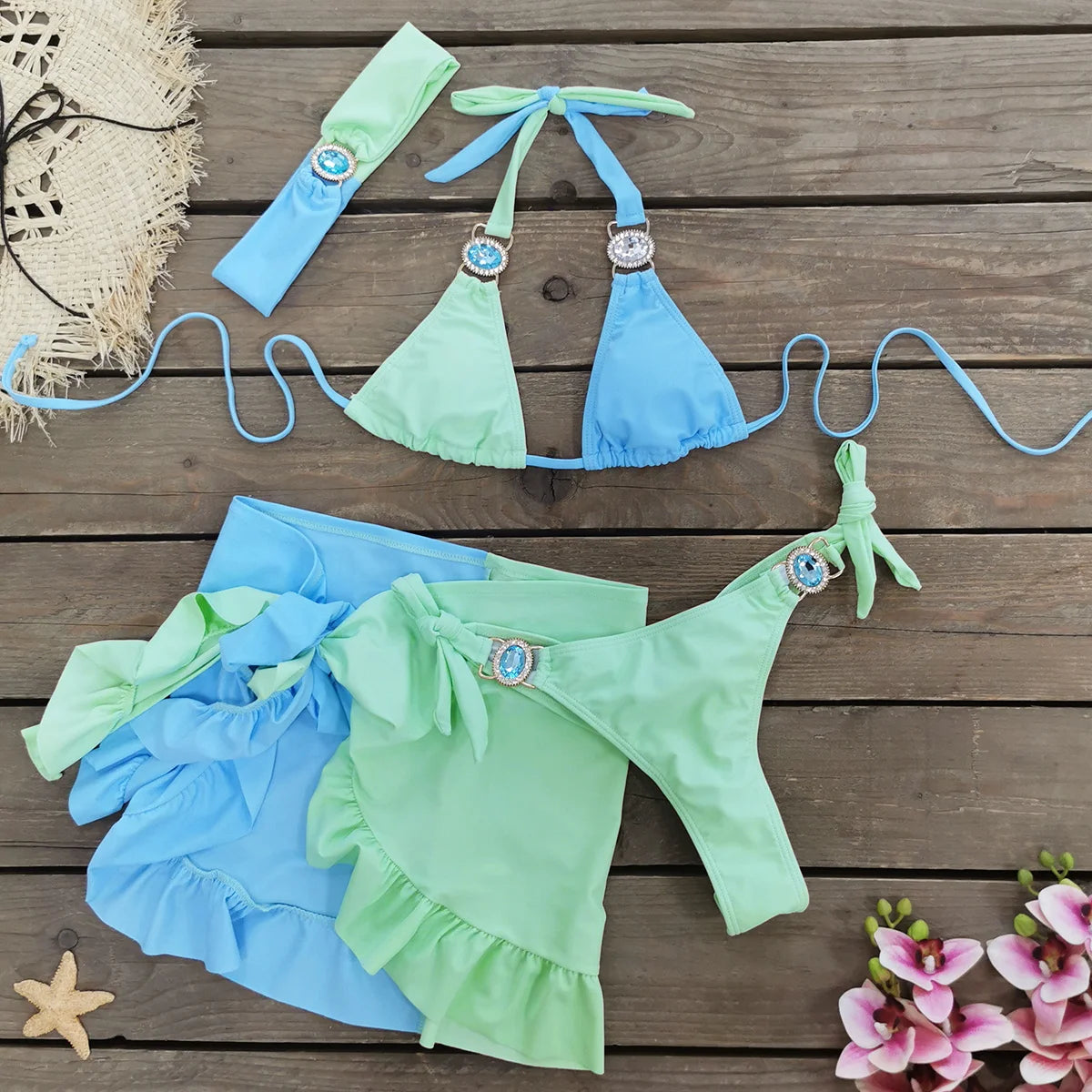 Sexy Rhinestone Bikini Set Women Beach Dresses Multicolor Swimsuit Beach Cover Up 2024 Summer Trend Holiday Dress Female Clothes