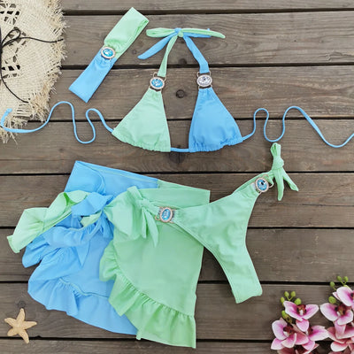 Sexy Rhinestone Bikini Set Women Beach Dresses Multicolor Swimsuit Beach Cover Up 2024 Summer Trend Holiday Dress Female Clothes