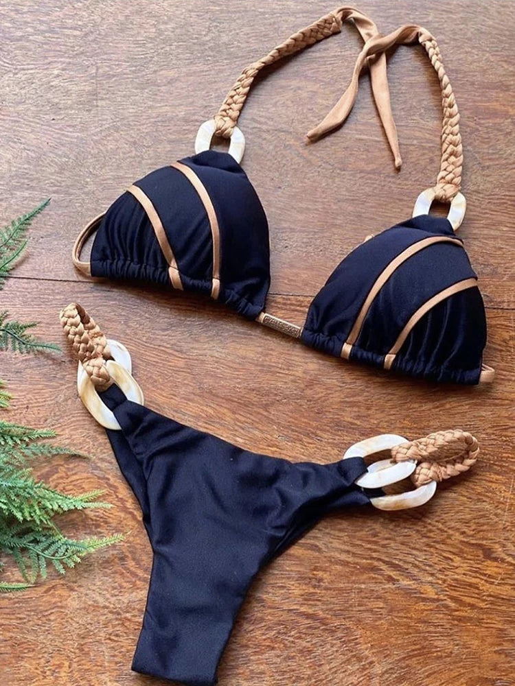 Sophisticated Black & Gold Bikini With Detailed Designs