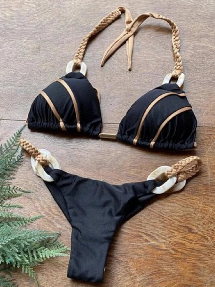 Sophisticated Black & Gold Bikini With Detailed Designs