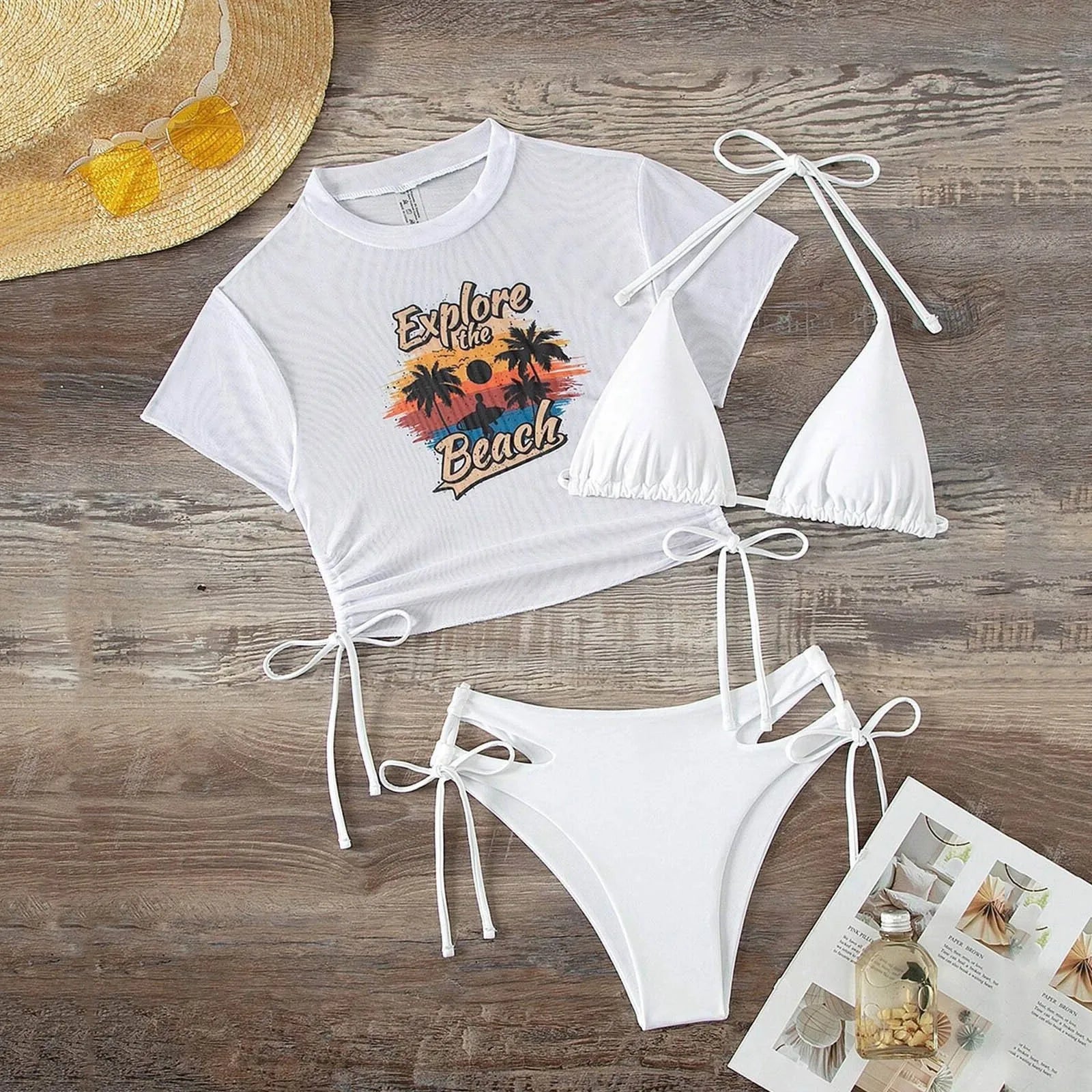 Fashionable Crop Top Bikini Three Piece Set