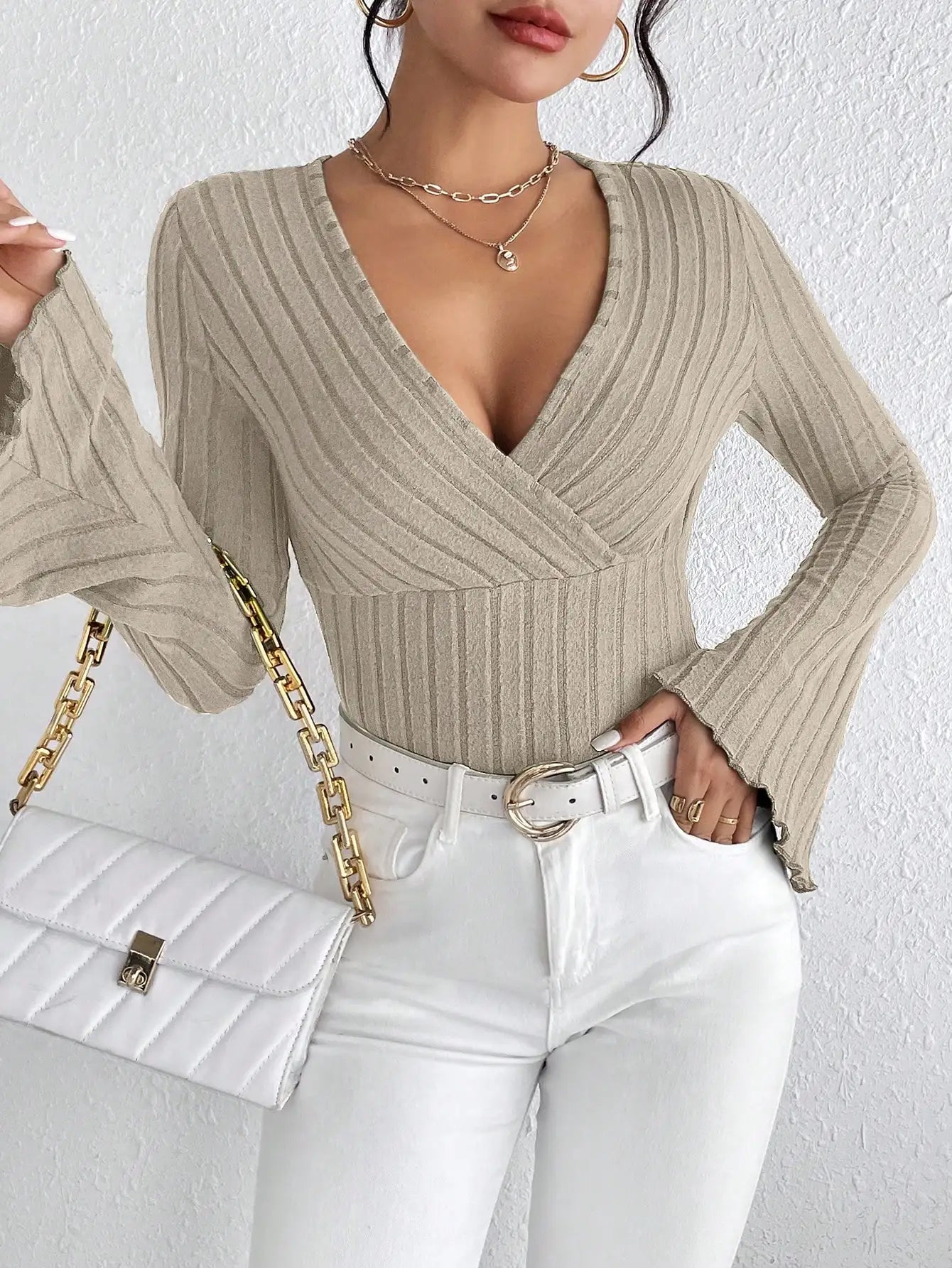 V-neck Casual Flare Sleeves Women's Top