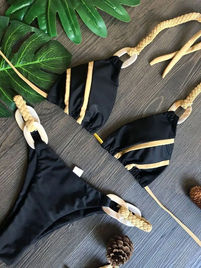 Sophisticated Black & Gold Bikini With Detailed Designs