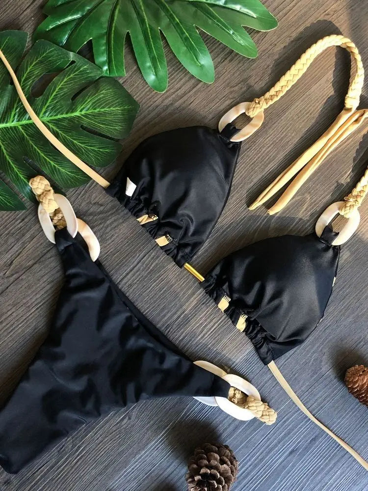 Sophisticated Black & Gold Bikini With Detailed Designs