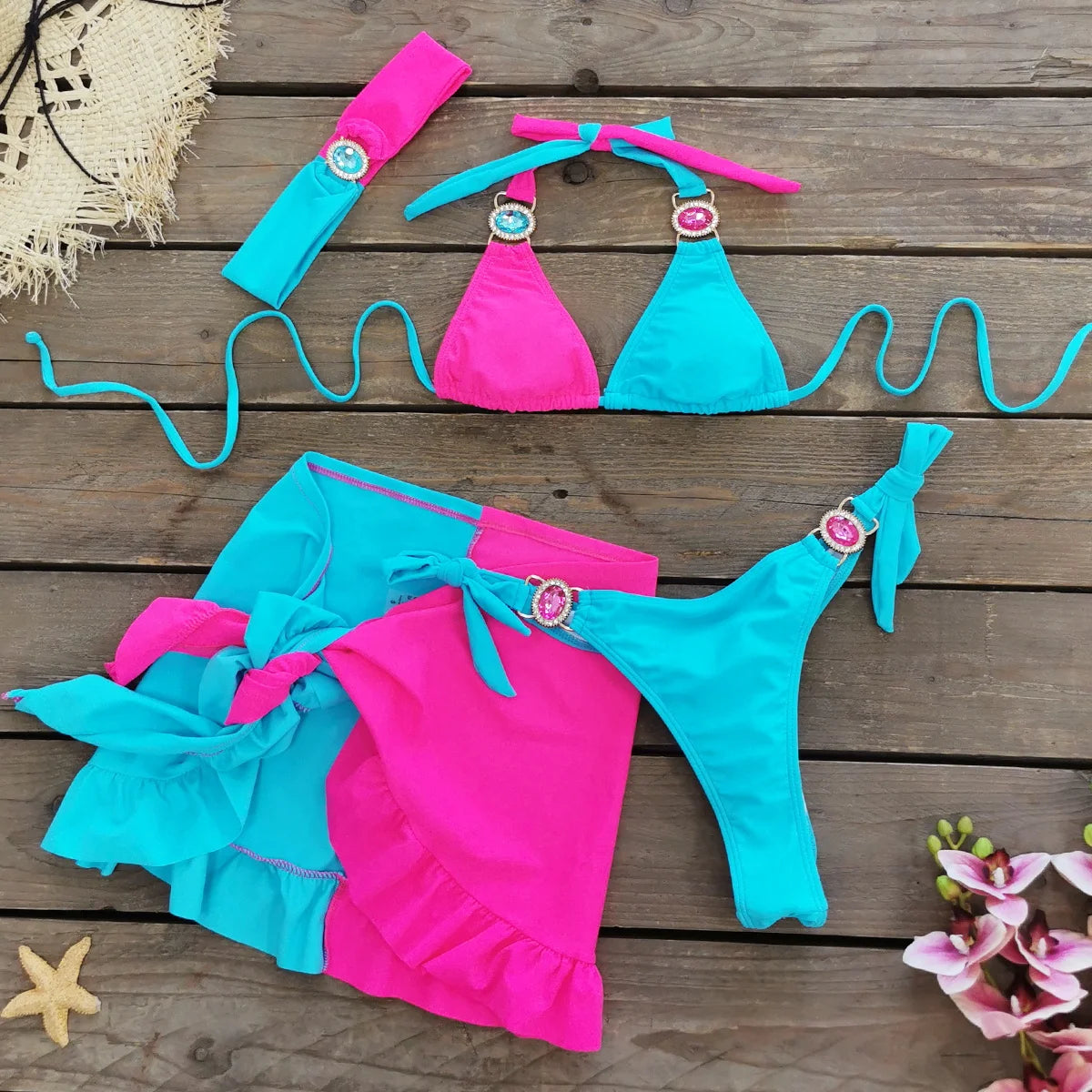 Sexy Rhinestone Bikini Set Women Beach Dresses Multicolor Swimsuit Beach Cover Up 2024 Summer Trend Holiday Dress Female Clothes