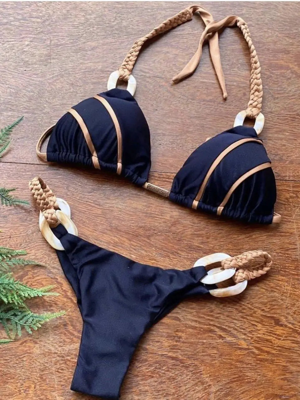 Sophisticated Black & Gold Bikini With Detailed Designs