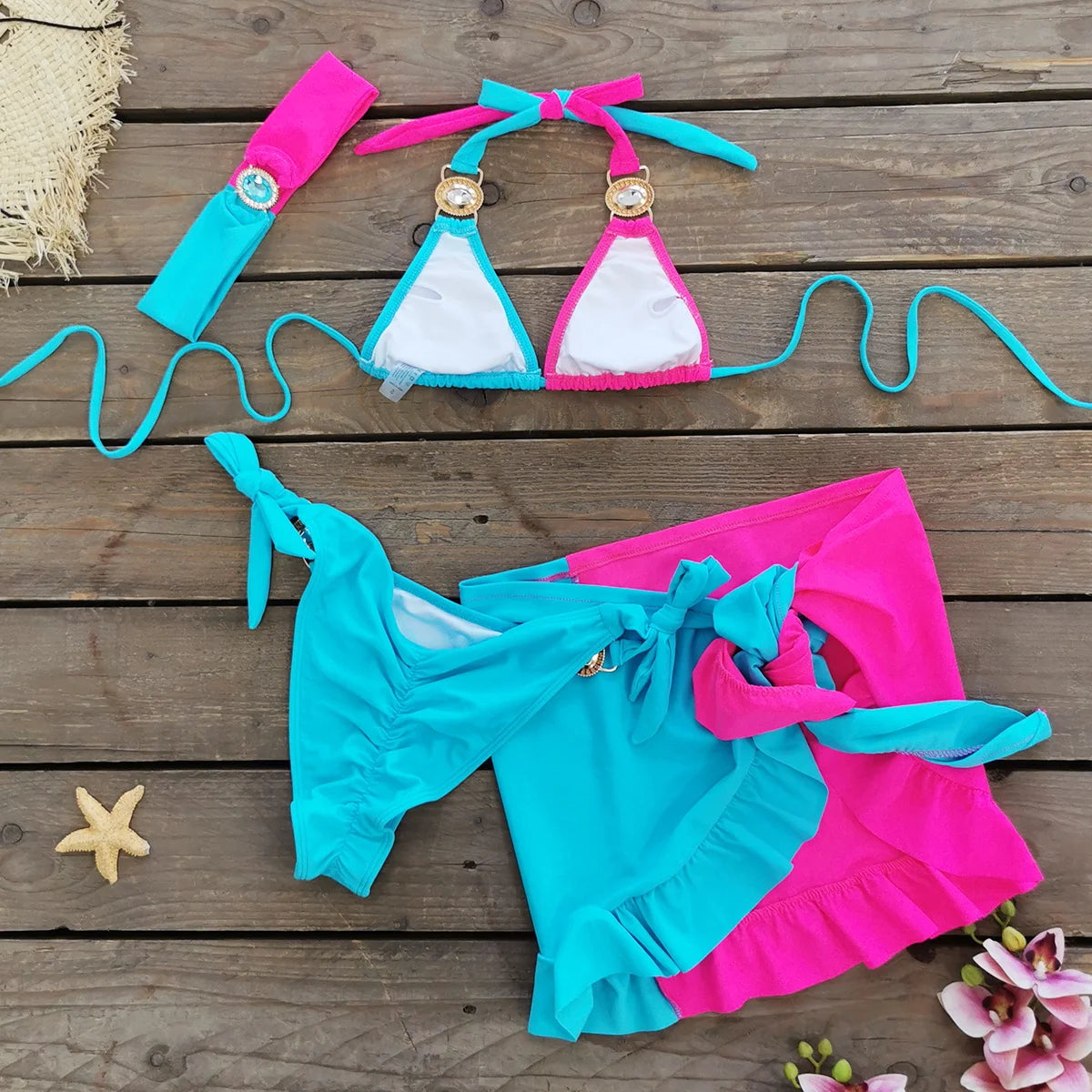 Sexy Rhinestone Bikini Set Women Beach Dresses Multicolor Swimsuit Beach Cover Up 2024 Summer Trend Holiday Dress Female Clothes