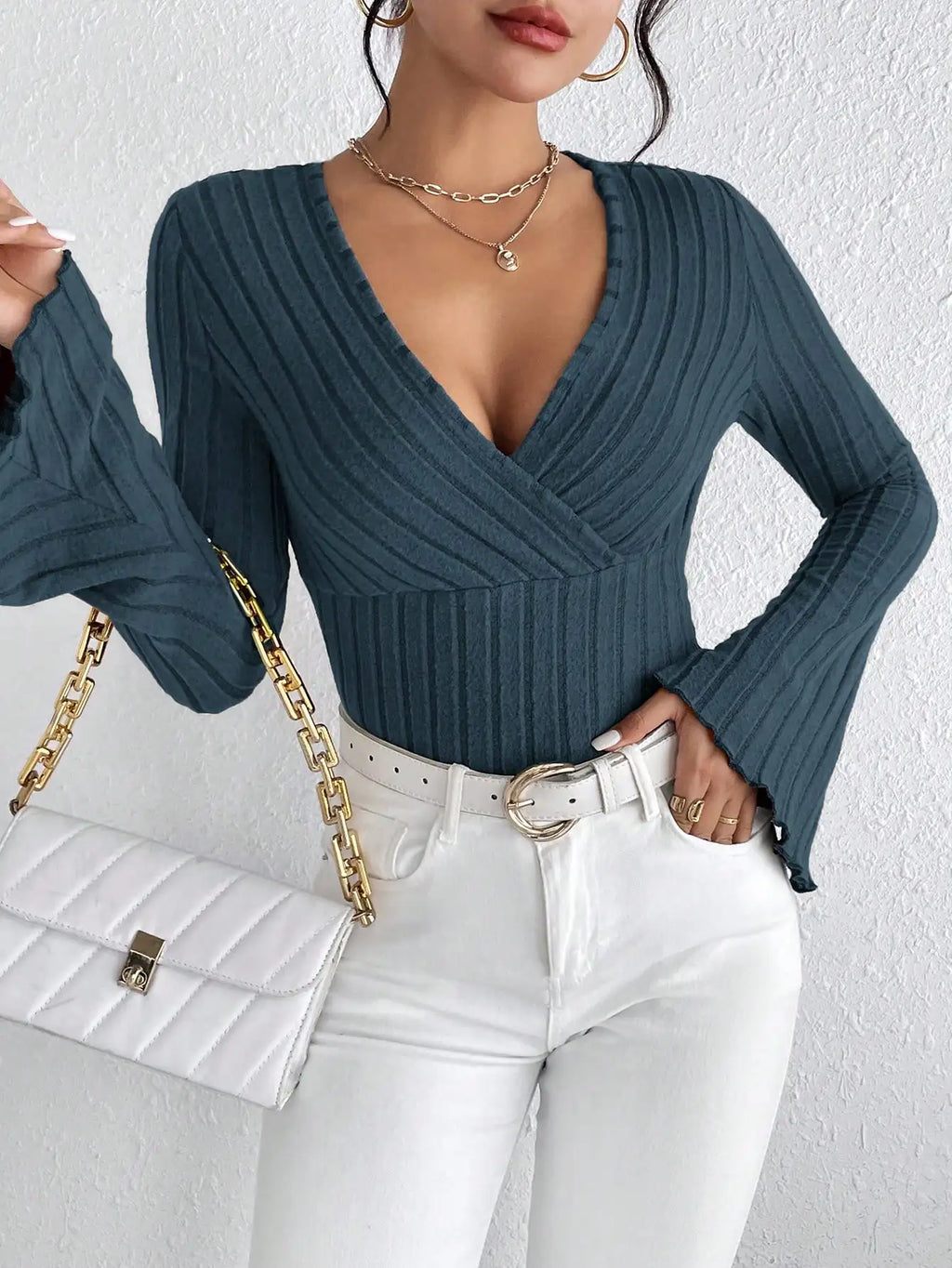 V-neck Casual Flare Sleeves Women's Top