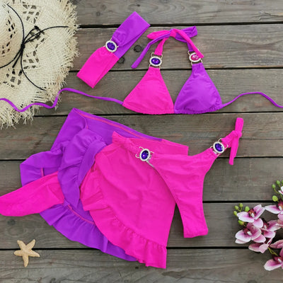 Sexy Rhinestone Bikini Set Women Beach Dresses Multicolor Swimsuit Beach Cover Up 2024 Summer Trend Holiday Dress Female Clothes