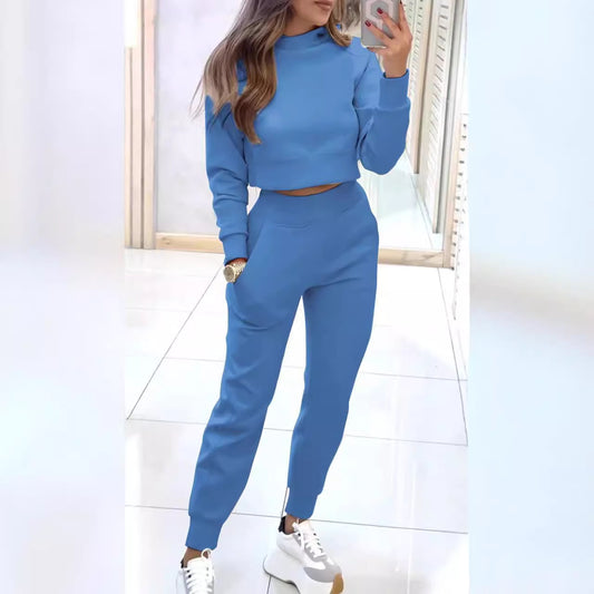 Ladies High Collar Slim Fit Long Sleeves Casual Jogger Set