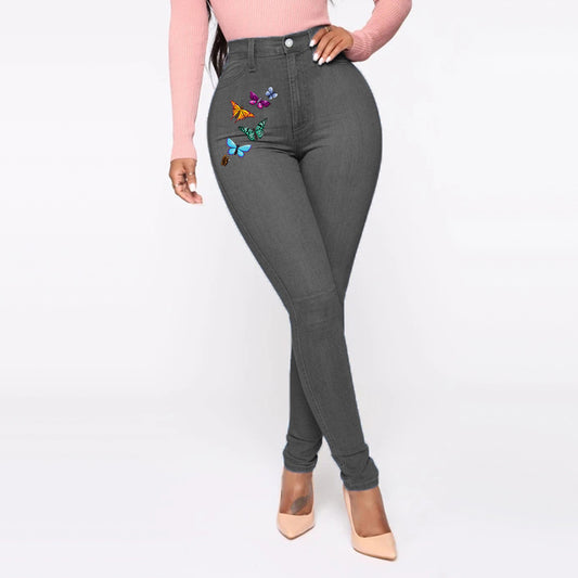 High Waist Printed Butterfly Skinny Jeans