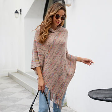 Hooded Striped Tassel Cape And Shawl Women