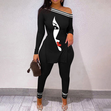 Off The Shoulder's  Slit Hem Long Sleeve Top Two Piece Set