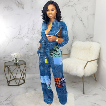 Stylish American Fashion Patch Denim Jumpsuit