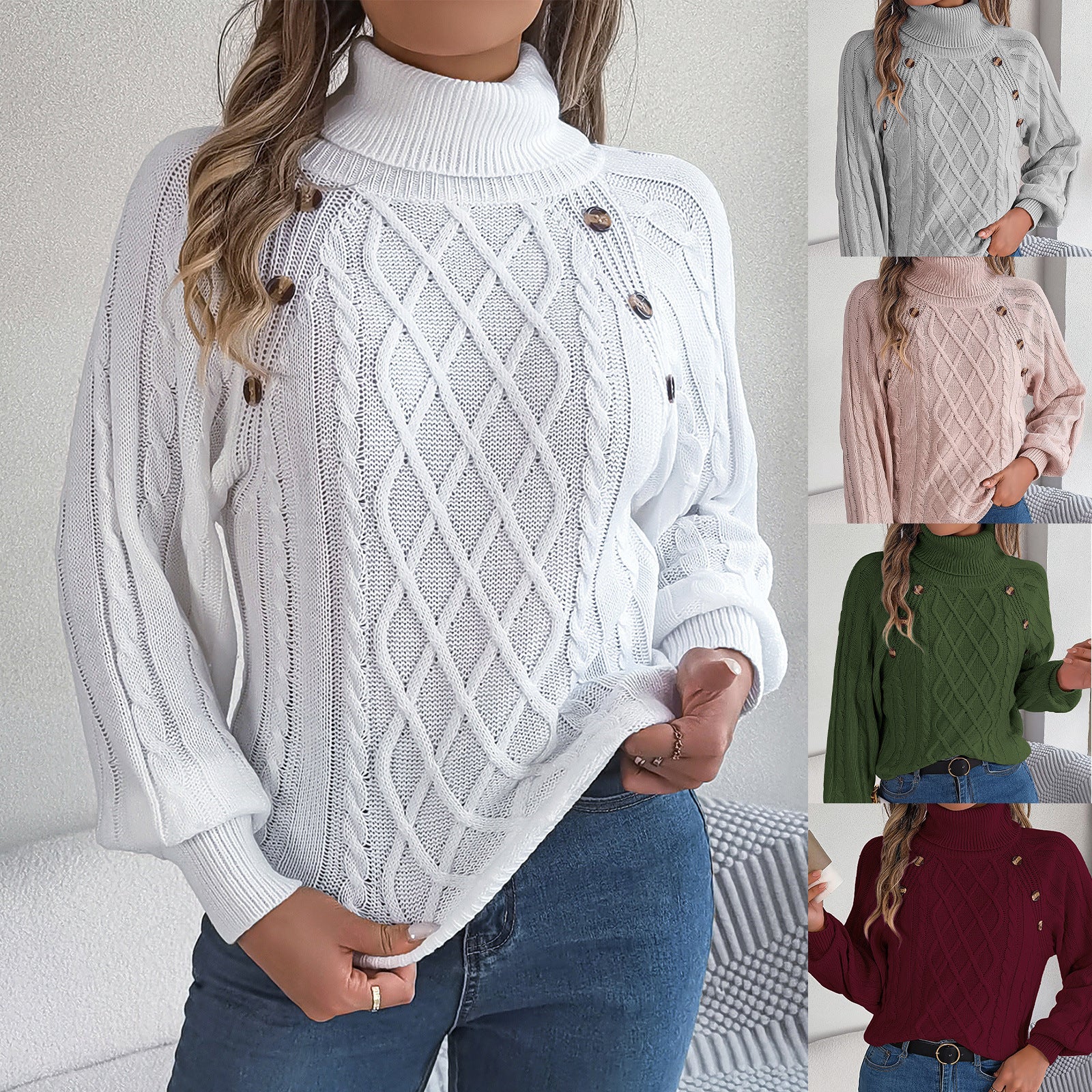 Casual Buttons Cable-knit Turtleneck Lantern Sleeve Pullover Sweater