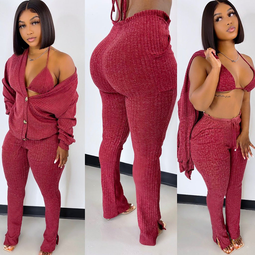 Pocket 3-piece Sweater, Bra Top and Pants Set