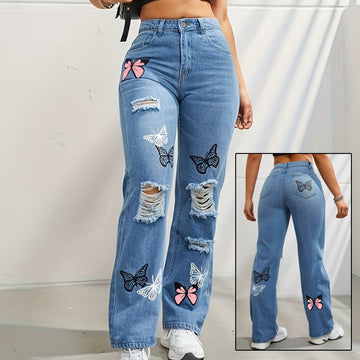 Trendy Butterfly Print Ripped Distressed Denim Pants